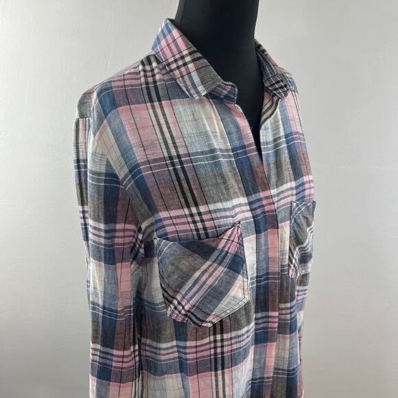 BELLA DAHL Linen Blend Pink Gray Button-Down Plaid Top Shirt Raw Hem Size S - Picture 6 of 10